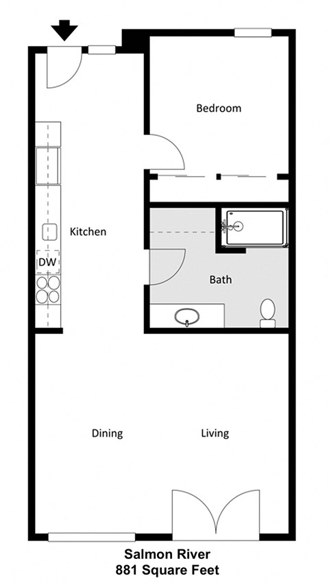 Floor plan for 1 bed, 1 bath, 881 sqft